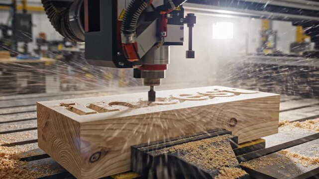 CNC Machine Engraving Wood Block with Precision and Dust Flying.