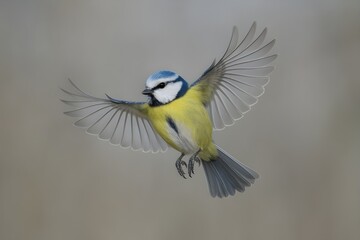 Eurasian blue tit in mid-air with wings spread wide