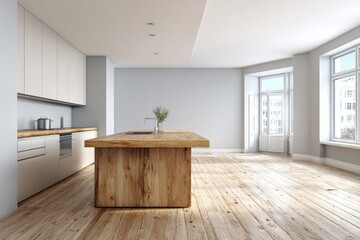 Modern open concept kitchen area featuring light wood cabinetry and a substantial wooden island