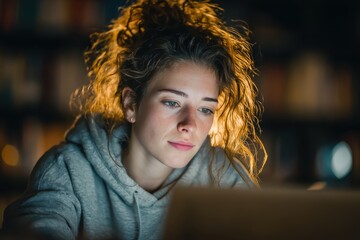 Young woman with headphones in coffee shop enjoys her music and is content with her life