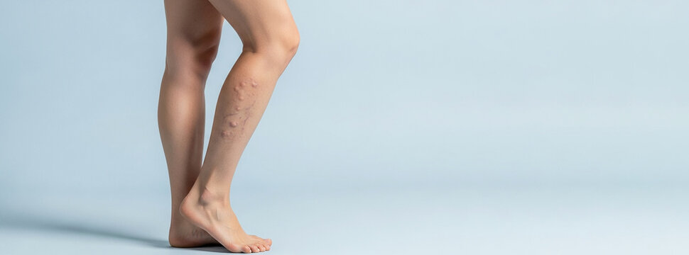Varicose veins on woman's legs, relaxed standing pose with natural skin, medical condition and health awareness