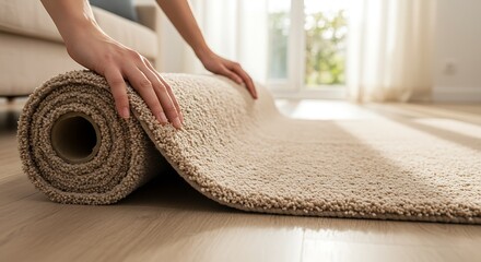 Unrolling a Thick Beige Carpet onto a Light Wood Floor Indoors