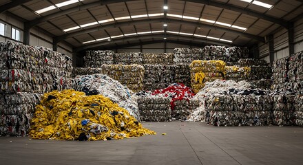 Vast Industrial Warehouse Filled with Sorted Recyclable Materials Ready for Processing