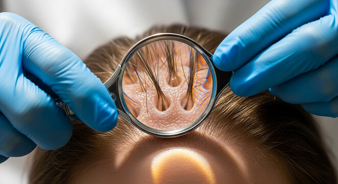 Trichologist hands holding magnifier lens over scalp hair roots for inspection, hair health and dermatological examination