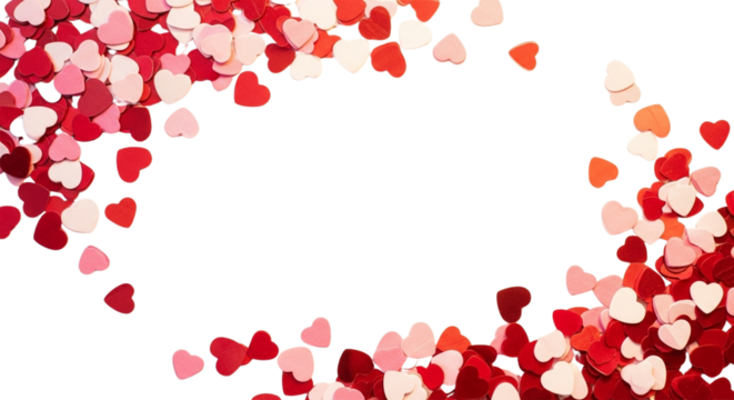 Red and Pink Heart Confetti on Transparent Background. Valentine's day frame