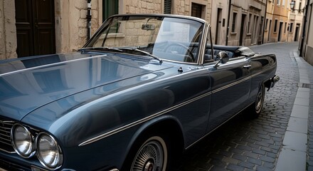 Classic blue convertible car parked on a narrow cobblestone street in an old european town