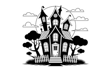 Fototapeta premium Spooky black and white haunted house silhouette with moon and clouds