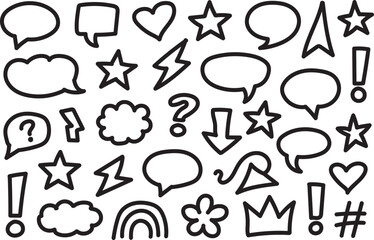Hand Drawn Doodle Speech Bubble Icons and Comic Elements Outline Set