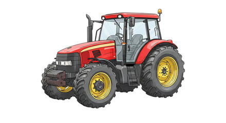 Fototapeta premium Red farm tractor with yellow rims and large tires illustration, cutout, PNG isolated on white or transparent background