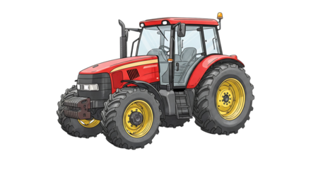 Red farm tractor with yellow rims and large tires illustration, cutout, PNG isolated on white or transparent background