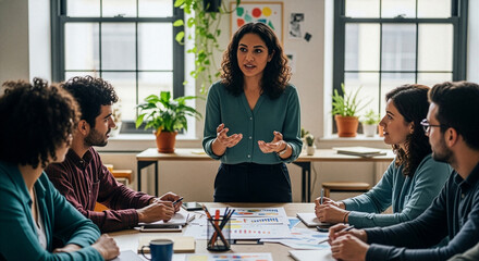 Latina designer leading product brainstorming with multicultural team in creative studio