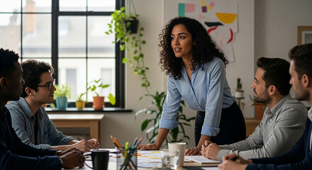 Latina designer leading product brainstorming with multicultural team in creative studio