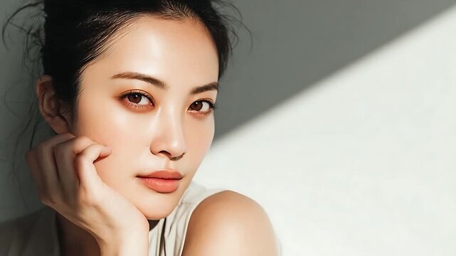 強い眼差しでこちらを見つめる女性。 美容｜エイジングケア 自信 クール ポートレート 強い眼差し