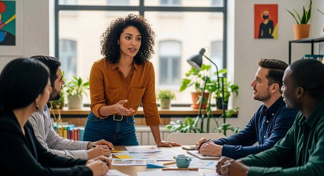 Latina designer leading product brainstorming with multicultural team in creative studio