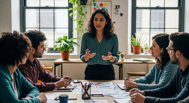 Latina designer leading product brainstorming with multicultural team in creative studio