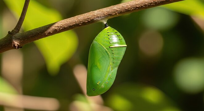 Vibrant green monarch butterfly chrysalis hanging from a small branch in nature.