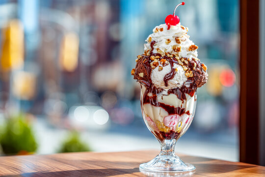 Decadent ice cream sundae topped with whipped cream, nuts, chocolate drizzle, and a maraschino cherry serving as a perfect treat on a sunny day indoors - Powered by Adobe