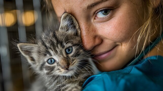Heartwarming, emotional photograph of a female veterinarian in surgical scrubs gently holding and comforting a tiny, adorable rescued kitten inside an animal shelter.