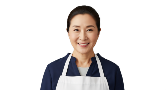 Compassionate 55-65-year-old East Asian woman, soup kitchen head cook in apron over warm layers. Isolated on transparent background, perfect for charity, winter aid, volunteering,