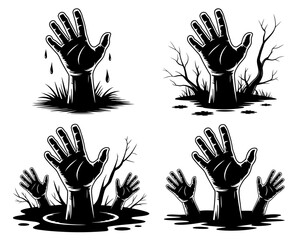 Obraz premium Zombie hands rising from the ground in different scary scenes