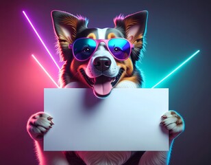 A cool and happy dog wearing sunglasses enthusiastically holds a blank white sign for your message against a neon background
