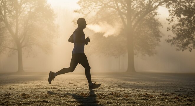 Silhouette runner morning mist winter jogging across park path with soft light filtering through fog creating peaceful fitness mood and cold air energy