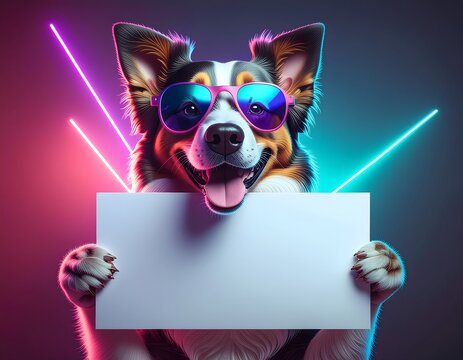 A cool and happy dog wearing sunglasses enthusiastically holds a blank white sign for your message against a neon background