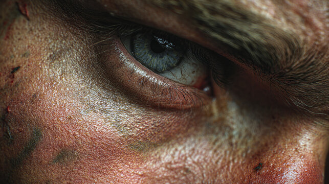 A close-up shot of an intense, piercing blue eye, capturing raw emotion and determination