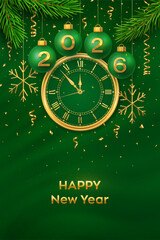 Happy New Year 2026. Golden New Year countdown clock. Bauble balls with numbers 2026, gold metallic stars, confetti on green background. New Year greeting card or party invitation. Vector illustration