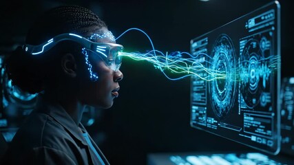 Woman wearing neural headset engages hologram. Scientist studies ai interface. Data flow between headset and hologram. Technology vr concept visualized in lab. Focused face shows complete immersion. - Powered by Adobe