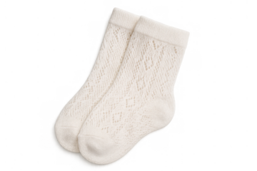 White knitted cotton socks with diamond pattern, pair of soft clothing isolated on transparent background