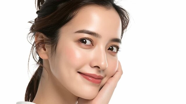 スキンケアをして満足げな表情の女性。 美容｜スキンケア 満足 笑顔 美肌 セルフケア