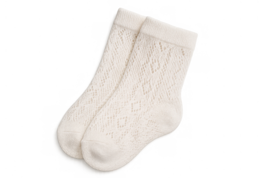 White knitted cotton socks with diamond pattern, pair of soft clothing isolated on transparent background