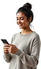 Fototapeta premium mobile health check - A close-up of a smiling woman using a smartphone health app, wearing a casual sweater