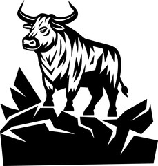 Obraz premium Powerful wild bull standing on rocky cliff, aggressive animal silhouette, strength and determination concept