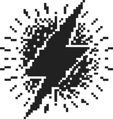 Fototapeta premium Pixelated black lightning bolt with dynamic rays, isolated on white retro 8 bit energy symbol, digital electricity icon