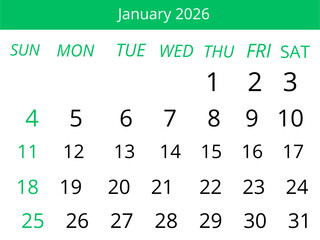 January 2026 Calendar Green Minimal Design