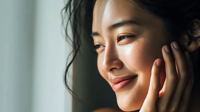 目を閉じて頬に触れる女性のポートレート。 美容｜スキンケア 美肌 エイジングケア リラックス ポートレート