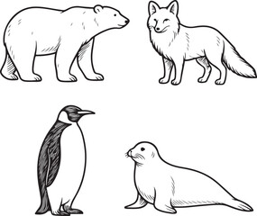 Cold-Region Animals Black and White Vector Illustration.eps