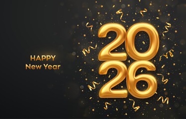 Happy New Year 2026. Golden 3D numbers 2026 on black background. Realistic festive metallic luxury gold numbers. Happy New Year poster, party invitation. Merry Christmas card. Vector illustration.