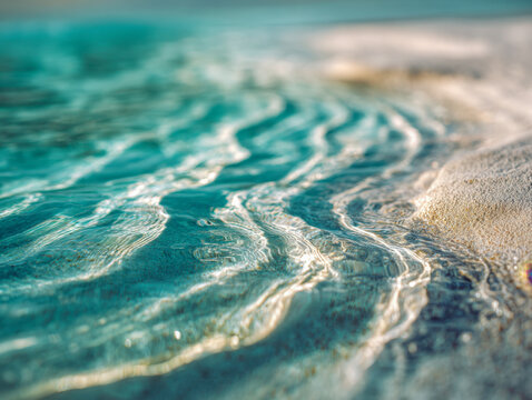 Close-up view of gentle ocean waves creating rippling patterns on a sandy beach bathed in sunlight with turquoise water in a serene coastal setting