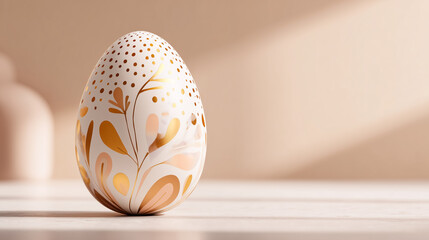 Big Easter egg in elegant gold and beige palette with copy-space