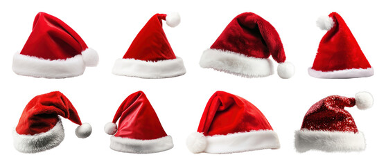 Fototapeta premium PNG Various red Santa hats collection, element set on transparent background