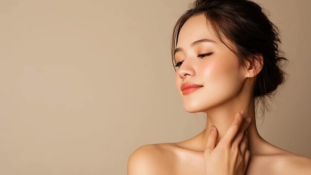 首筋に手を当ててリラックスする女性。 美容｜スキンケア デコルテ リラックス エイジングケア マッサージ