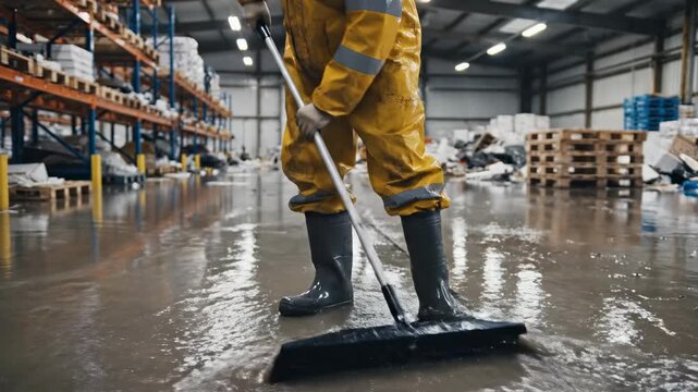 Worker cleaning floodwater inside warehouse with squeegee &mdash; disaster recovery and cleanup concept.