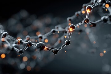Close up of a digital dna strand with warm particles floating around on a dark background