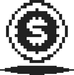 Fototapeta premium Pixelated coin with dollar symbol black and white digital currency icon, retro game design, minimal shadow, cryptocurrency concept