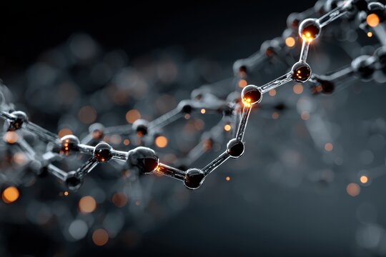 Close up of a digital dna strand with warm particles floating around on a dark background