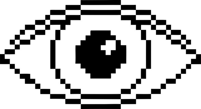 Pixel art eye icon, black and white digital illustration retro minimal symbol, simple graphic design, visual technology concept