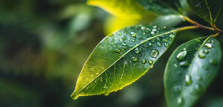 Close-up of a green leaf with water droplets after rain, symbolizing freshness and nature purity. Perfect for eco design, wellness concepts, and environmental projects. - Powered by Adobe